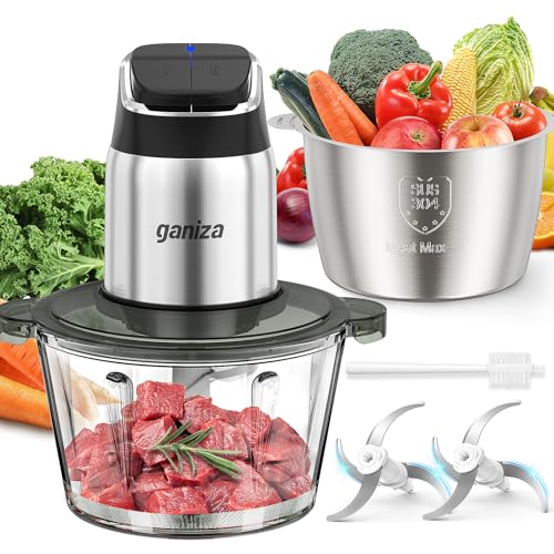 Ganiza Food Processor, 2-Speed Food Chopper Meat Grinder with 8 Cup Stainless Steel & 8 Cup Glass Bowls, Upgraded Button & Smart Overheat Protection Light - Includes Clean Brush, 2 Sets of Blades
