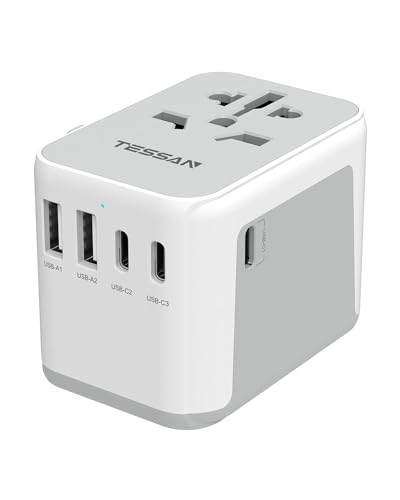 TESSAN Universal Travel Adapter, International Power Adapter 5.6A 28W 3 USB C 2 USB A Ports, Travel Worldwide Plug Adaptor, Outlet Wall Charger for Europe UK EU AUS (Type C/G/A/I)