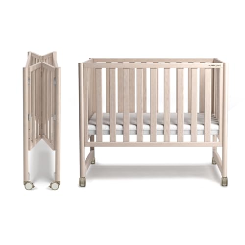 MAMAZING EvoNook 6-in-1 Convertible Mini Crib, 100% New Zealand Wood, 4 Adjustable Mattress Heights, Crib with Mattress, Washed Natural