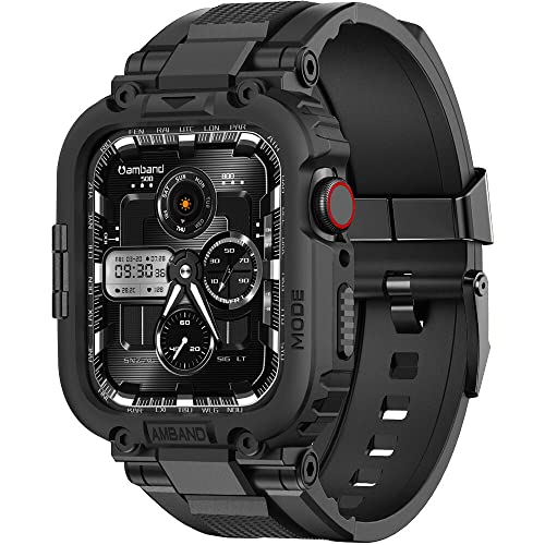 amBand Bands Compatible with Apple Watch 9/8/7/SE (3/2/1)/6/5/4 45mm/44mm Case for Men, M1 Sport Series Rugged Case Protective Cover for iWatch SE3/SE2/6/SE/5/4/3 42/44/45mm Men Black