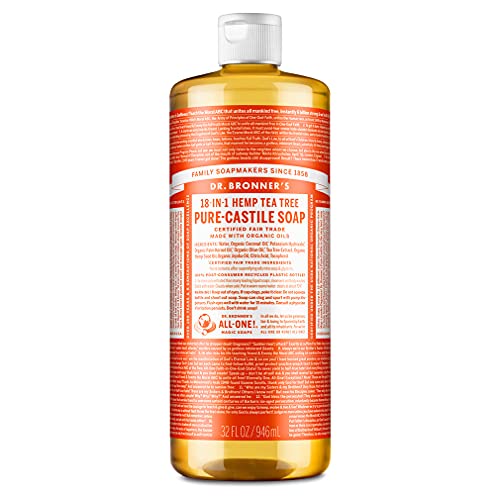 Dr. Bronner's - Pure-Castile Liquid Soap (Tea Tree, 32 ounce) - Made with Organic Oils, 18-in-1 Uses: Acne-Prone Skin, Dandruff, Laundry, Pets and Dishes, Concentrated, Vegan, Non-GMO