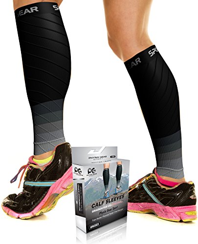 Physix Gear Calf Compression Sleeves - Compression Sleeves for Running, Shin Splints Support, Black/Grey, L/XL