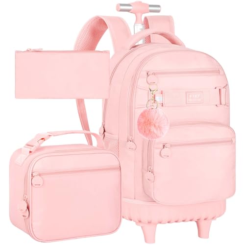 TXHVO 3Pcs Rolling Backpack for Girls Women, 19 Inche School Roller Backpacks with Wheels, Adults Wheeled Bookbag with Lunch Box(Pink)