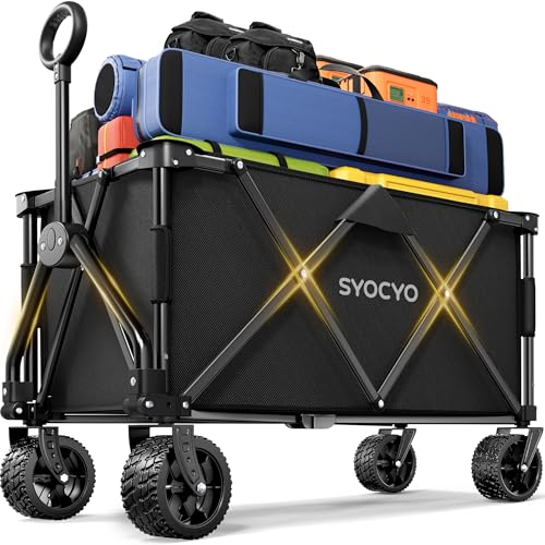 Collapsible Wagon with Big Wheels, Beach Wagons Carts Foldable with All-Terrain Wheels, Large Weight Capacity Heavy Duty Carts with Cup Holders for Camping, Garden, Sports, Grocery Black