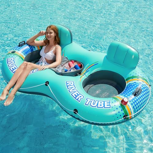 Jasonwell Heavy Duty 2 Person Inflatable River/Pool Tube Float with Removable Cooler, Tubes for Lake, Floating River Raft Lounge Floatie with 2 cup Holders For Adults, Cyan