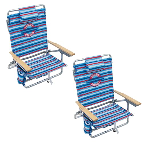 Tommy Bahama 2-Pack 5-Position Classic Lay Flat Backpack Beach Chair with Cooler and Cup Holder, Portable Folding Beach Chair for Tanning, Red/White/Blue