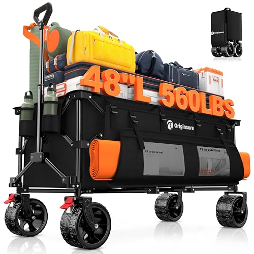 48' L Collapsible Wagon Cart Foldable, 560LB Weight Capacity 300L Heavy Duty Folding Beach Wagons with Big All-Terrain Wheels, Utility Carts for Groceries, Shopping, Camping, Sports - Black
