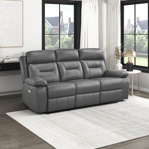Lexicon Power Double Recliner Sofa, Top Grain Leather Match Reclining Sofa with Pillow Top Armrests, Home Theater Seating, Wall Hugger Recliner Couch with USB Port, 87' W, Dark Gray