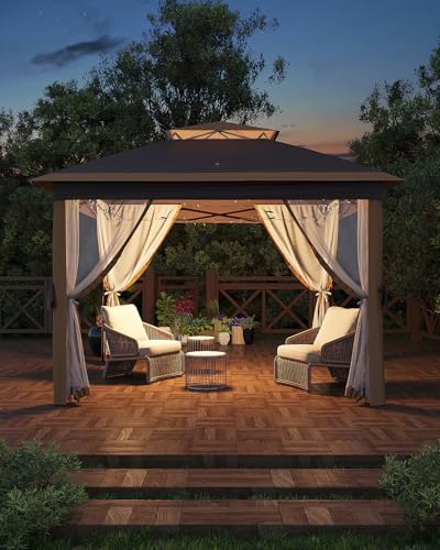 Garveelife 11x11 Pop Up Gazebo Tent with Mosquito Netting, Outdoor Canopy Shelter Easy Setup, Water & UV Resistant - Khaki