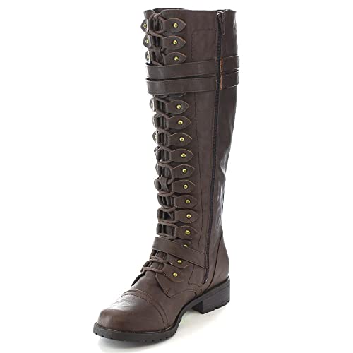 Wild Diva Timberly-65 Women's Fashion Lace Up Buckle Knee High Combat Boots (7.5 M US, Brown)