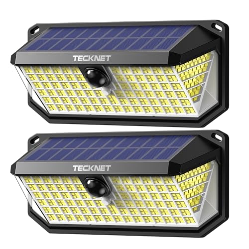 TECKNET 416 LED Solar Lights Outdoor Waterproof, 300° Angle & 3 Lighting Modes Motion Sensor Outdoor Lights, 2 Pack Security Solar Flood Lights IP66 for Fence Front Door Yard Deck Garden Garage
