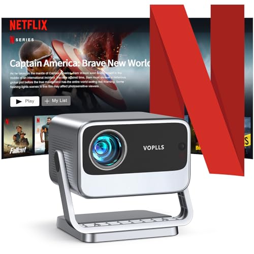 [Netflix Officially & Auto Focus] VOPLLS 4K Projector with WiFi and Bluetooth, 3D Stereo Sound & Auto Keystone Video Projector, 1200ANSI Outdoor Movie Projector, 50% Zoom, MAX 300''Display (Grey)