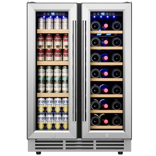 Icyglee 24' Wine and Beverage Refrigerator, Dual Zone Wine Cooler with Glass Door, Hold 88 Cans & 21 Bottles, Built in or Freestanding Under Counter Wine Fridge with Blue LED Light.