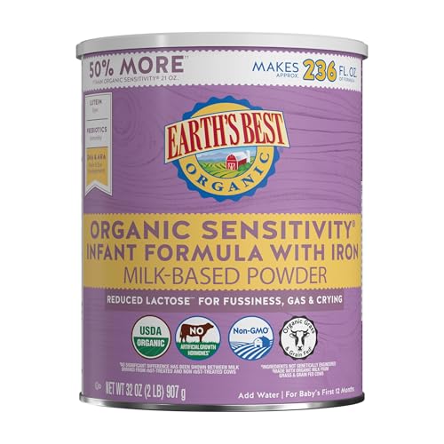 Earth's Best Organic Sensitivity Infant Formula for Babies 0-12 Months, Reduced Lactose Powder Formula with Iron, Omega-3 DHA, and Omega-6 ARA, 32 Ounce Value Container