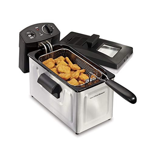 Hamilton Beach Professional Style Electric Deep Fryer with Basket and Lid, 3 Liters / 8 Cups, Temperature Control, Includes Frying Basket with Hooks, 1500 Watts, Stainless Steel (35032)