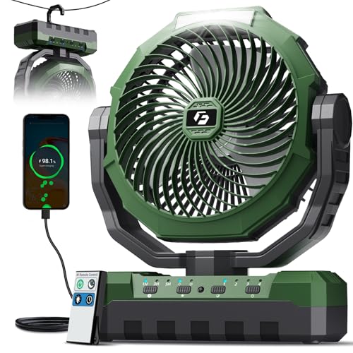 FRIZCOL 3-in-1 Camping Fan - Portable Fans Rechargeable - 24000mAh Battery Powered Fan(140Hrs) with Light & Remote for Indoor, Outdoor, Tent, Travel, BBQ, Fishing, Jobsite - Green