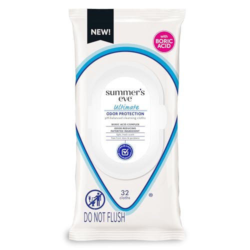 Summer's Eve Ultimate Odor Protection Daily Feminine Wipes, Gentle pH-Balanced Formula with Boric Acid Cleanses & Removes Vaginal Odor, Resealable Pack, 32 Body Wipes