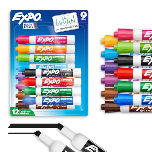 EXPO Dry Erase Markers, Low Odor Ink, Assorted Colors, Chisel Tip, 12 Count - Easily Erases, Vibrant Ink, Ideal for Classroom, Back to School Supplies, Teachers, Office, Whiteboard & Home