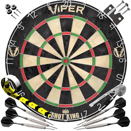 Viper by GLD Products Shot King Regulation Bristle Steel Tip Dartboard Set with Bullseye Metal Radial Spider Wire Compressed Sisal Board with Rotating Number Ring Includes 6 Darts Black