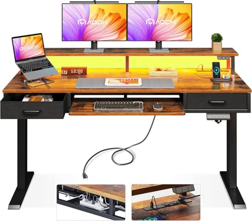 AODK Electric Standing Desk with Drawers & Keyboard Tray, 55 Inch Height Adjustable Gaming Desk with Power Outlets & LED Lights, Sit Stand Table with Monitor Stand for Home, Office, Rustic Brown