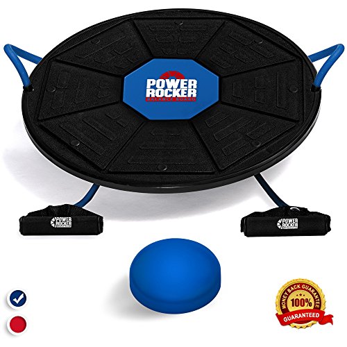 Power Rocker Balance Board - Premium Wobble Board - Adjustable Height - Bonus Resistance Tube Set - Complete Stability & Core Training - Physical Therapy and Injury Rehabilitation - Blue