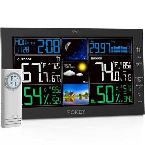 Fokey Weather Station Wireless Indoor Outdoor, Indoor Outdoor Thermometer Wireless, Home Atomic Clock Weather Stations, Digital Temperature Humidity Barometer Inside Outside Thermometers, Black