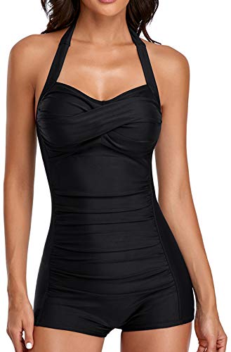 ebuddy Vintage Swimsuit for Women 1950s Elegant Inspired Boy-Leg One Piece Ruched Monokinis Swimsuit Womens Romper Tummy Control Bathing Suits for Women,Black-M