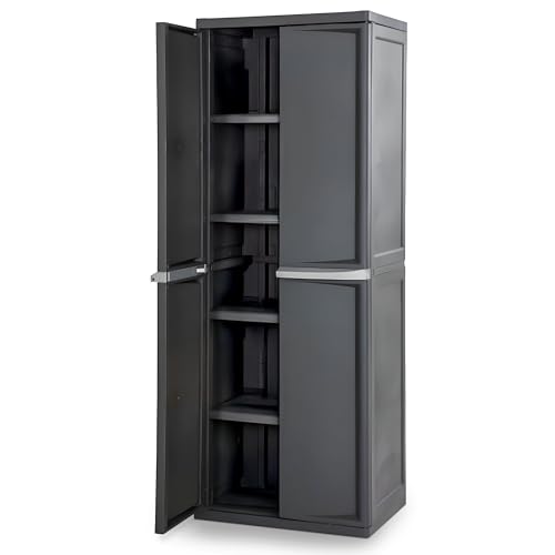 Sterilite 4 Shelf Cabinet, Lockable Utility Storage w/ Adjustable Shelves, Gray - Plastic Shelving Unit for Organizing Garage, Pantry, Basement, Laundry Room or Mudroom