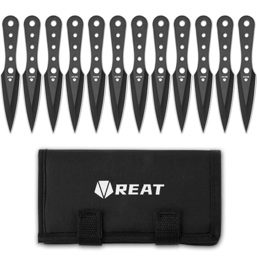 REAT Throwing Knives - 12 Piece, 6.5' 440 Stainless Steel with Full Tang Design, Includes Nylon Carrying Case for Safe Storage for Competition, Training and Recreation