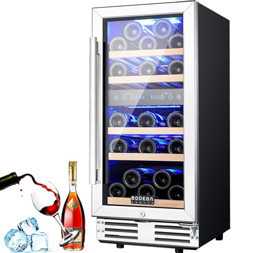 BODEGA 15 Inch Wine Cooler, Dual Zone 15” Wine Fridge With Double-Layer Glass Door, Freestanding or Built In Wine Cooler Refrigerator With Stainless Steel Handle, 30 Bottles Wine Fridge For Home.
