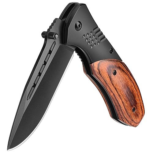 KEXMO Pocket Knife for Men - 3.46' Sharp Blade Wood Handle Pocket Folding Knives with Clip, Glass Breaker - EDC Knives for Hunting Camping Survival Outdoor Fishing Hiking Women Men, Black