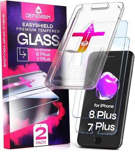 Defenslim Screen Protector for iPhone 8 Plus / 7 Plus (2Pack), Easy Auto-Align Install Kit, 5.5' Tempered Glass, 9H Hardness, Ultra HD Clear, Case Friendly, EasyShield