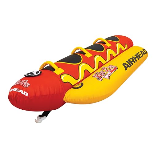 Airhead Hot Dog Towable, 1-3 Rider Tube for boating and Water Sports, Neoprene Seat Pads, Double-Stitched Full Nylon Cover, and Boston Valve for Convenient Inflating and Deflating