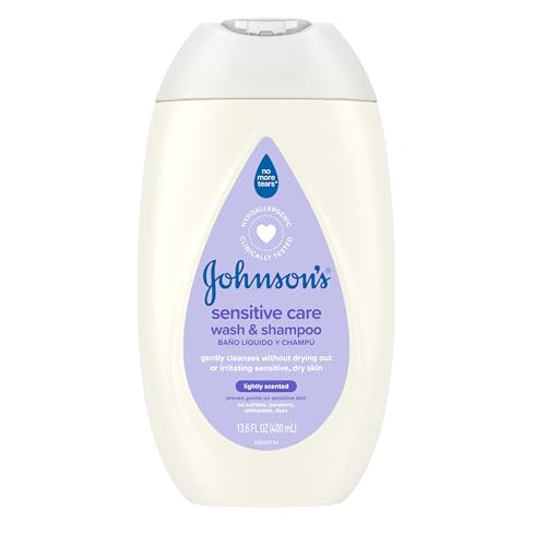 Johnson's Sensitive Care Baby Body Wash & Shampoo, Daily Moisturizing 2-in-1 Baby Wash & Shampoo to Gently Cleanse Dry, Sensitive Skin, Lightly Scented, Tear-Free, Hypoallergenic, 13.6 fl. oz