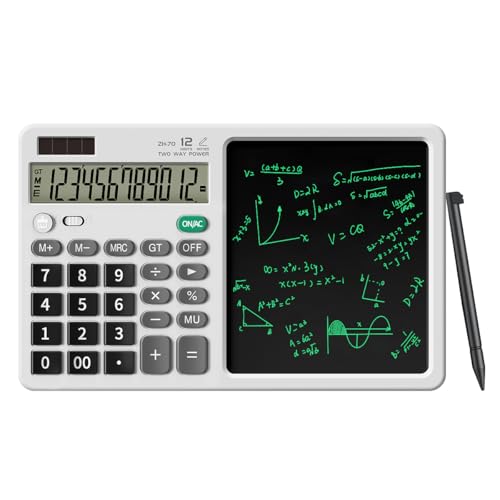 Scientific Calculator with Pull - Out Stylus, 12 - Digit Wide Screen & 100,000+ Reusable Writing Pad, One - Click Clear/Lock, Solar & Battery Dual Power, Portable for School Office Business (White)
