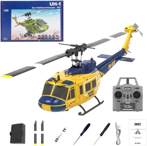 NBJIALIN RC ERA C032 UH-1 Huey Helicopter - Remote Control Helicopters for Adult, 1/48 Sacle 2.4G 6CH Gyro Stabilized Aircraft with Altitude Hold & Optical Flow,3D Stunt Drone (Yellow)