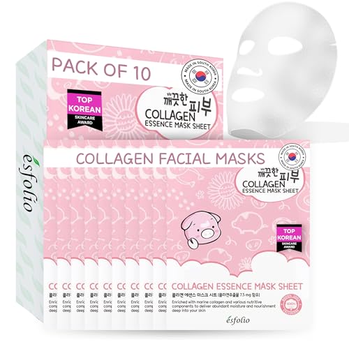 esfolio Collagen Essence Sheet Mask – Hydrating & Firming Face Mask for Glowing Skin – Anti-Aging Korean Skincare with Hydrolyzed Collagen & Hyaluronic Acid – Moisturizing Facial Mask (Pack of 10)