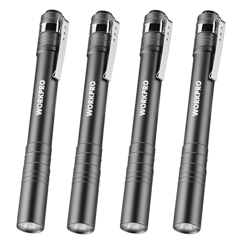 WORKPRO LED Pen Light, Aluminum Pen Flashlights, Pocket Flashlight with Clip for Inspection, Emergency, Everyday, 2AAA Batteries Include, Gray(4-Pack)