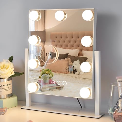 Vanity Mirror with Lights,Lighted Vanity Mirror with 9 Dimmable Bulbs for Dressing Room & Bedroom,3 Color Lighting,Modes Detachable 10x Magnification 360°Ratation(White)