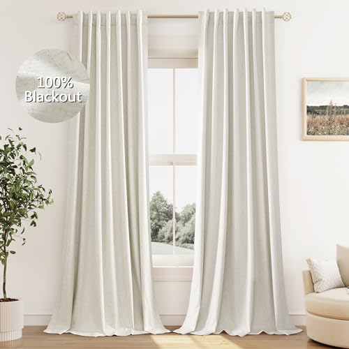Cream Linen Blackout Curtains 84 Inch Length 2 Panels Set for Living Room Bedroom Back Tab Thermal Insulated 100% Black Out Linen Drapes Room Darkening Window Curtains 84 Inches Long Ivory Natural