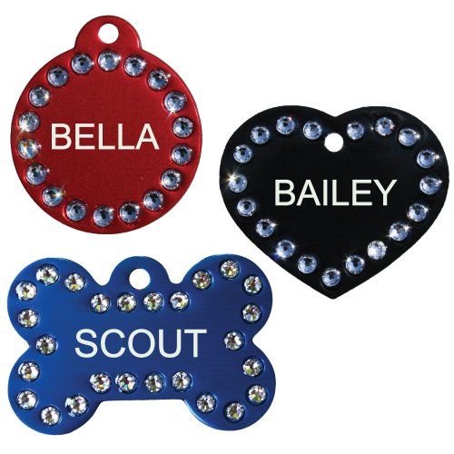 GoTags Custom Pet Tag - Personalized Pet ID Tags for Dogs with Engraved Swarovski Crystal, Dog ID Tags Personalized Engraved Aluminum in Heart, Bone, Round Shapes