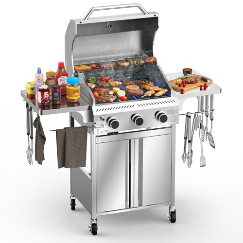 Electactic G31 Gas Grill, 3-Burner Gas Grill with Folding Side Tables,Stainless Steel 24,000 BTU BBQ Grill,Outdoor Propane Grill for Barbecue,Patio,Camping