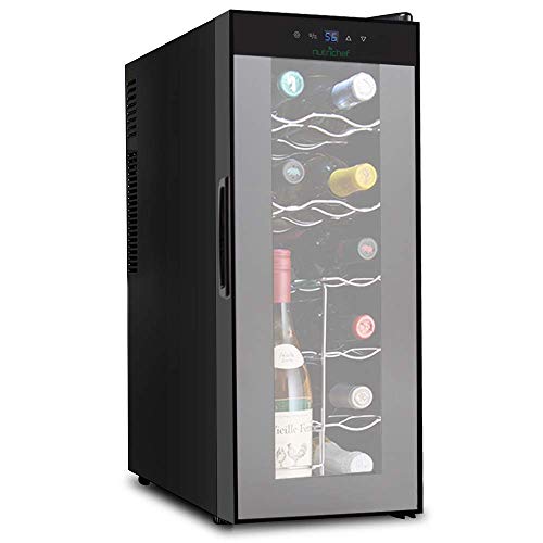 NutriChef PKTEWC120 Nutrichef 12 Bottle Thermoelectric Wine Cooler Refrigerator | Red, White, Champagne Chiller | Counter Top Wine Cellar | Quiet Operation Fridge | Touch Temperature Control,Silver