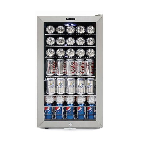 Whynter Cu. Ft, Stainless Steel Beverage Refrigerator with Double-Layer Glass Door, 127-Can 3.1 Cubic Feet Drink Mini Fridge with Lock, BR-128WS