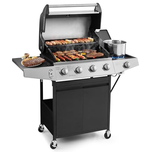 Lyromix 4 Burners Gas Grill with Side Burner, Propane Grill with Wheels and Storage, Outdoor Gas BBQ with Oil Tray and Thermometer for Patio and Party, 49200 BTU