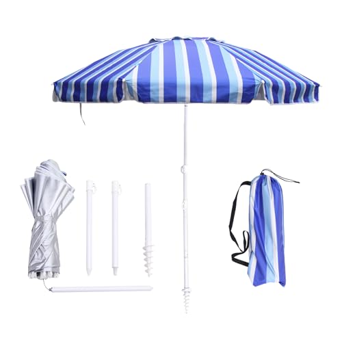 LOTTAFUN 6.5ft Beach Umbrella - Heavy Duty Wind Resistant UV 50+ Portable Sun Shade with Sand Anchor & Carry Bag, Outdoor Folding Umbrella for Beach, Pool, Patio, Garden (Blue Vertical Stripe)