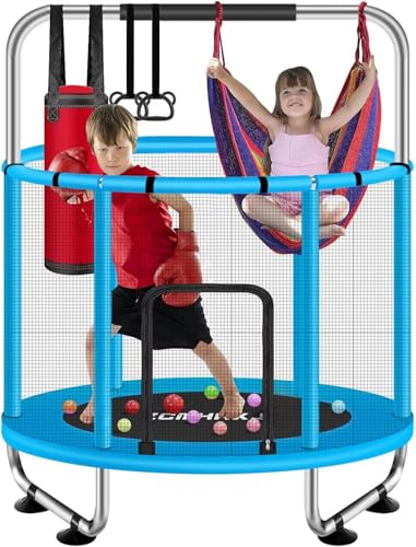 ZCMHAXJ 55' Trampoline for Kids with Enclosure, 440lbs Capacity Indoor & Outdoor Toddler Trampoline with Adjustable Gymnastics Bar & Toys, Gifts for Boys & Girls