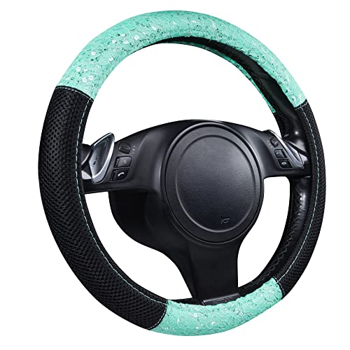 CAR PASS Lace and Spacer Mesh Steering Wheel Covers,14.5-15 Inch Car Steering Wheel Cover Fit for 95% Sedan,Vans,SUV,Coupe,Cars. Pretty Sequins Cute Women Girls(Mint Lace)