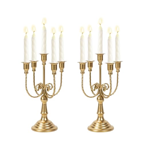 Metal Candelabra Gold Candle Stand 11.8” Tall, 5-Candle Candlestick Holder for Taper Candles, Candle Holder for Wedding Centerpiece Christmas Valentine Holiday Party Event Reception Decor, 2Pcs