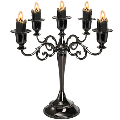 YOUEON 5 Arm Black Candelabra, Candelabra Candle Holder, 10 Inch Tall Candlesticks Holder, Elegant Taper Candle Holder Centerpiece for Wedding, Church, Halloween, Dining, Home Decor